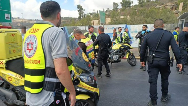 Emergency services respond to a shooting at Jerusalem's Ramot Junction on Monday morning. Photo courtesy of Magen David Adom/X