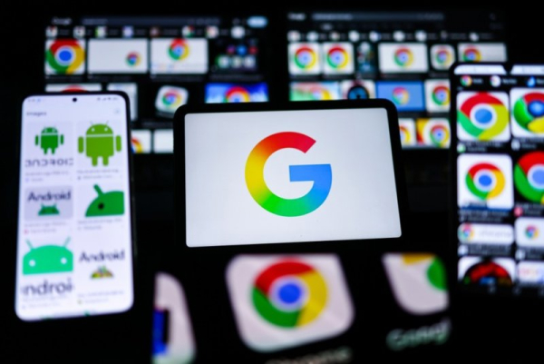 Logos of Google, Chrome and Android are seen on several displays in Berlin, Germany, on Wednesday. The European Commission on Friday fined Google $3.455 billion for violating the European Union's anti-competitive practices in advertising technology. Photo by Hannibal Hanschke/EPA