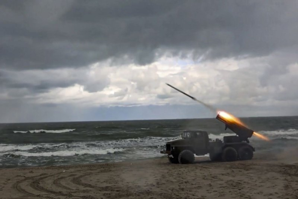 A handout still image taken from video provided by the Russian Defence Ministry press service shows a BM-21 Grad multiple rocket launcher of the Baltic Fleet's anti-saboteur unit taking part in the Zapad-2025 joint military drills of the Russian and Belarus armed forces at an undisclosed location in Russia. Photo by Russian Defense Ministry Press Service/EPA