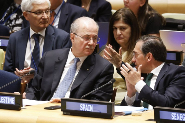 Prime Minister of the state of Palestine Mohammad Mustafa was applauded after he spoke at a High-level International Conference for the Peaceful Settlement of the Question of Palestine and the Implementation of the Two-State Solution in the Trusteeship Council Chamber at the United Nations Headquarters on July 28 in New York City. On Thursday, the U.N. voted to approve the New York declaration, which calls for a two-state solution. File Photo by John Angelillo/UPI