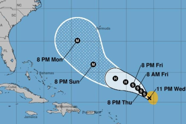 Tropical Storm Humberto is forecast to become a hurricane early Saturday and a major one by Sunday night. Image by National Hurricane Center