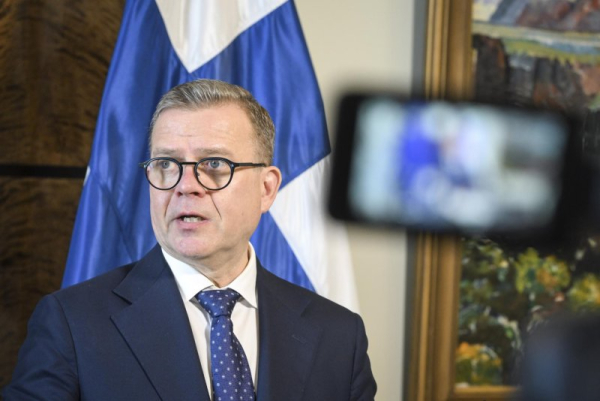 Finnish Prime Minister Petteri Orpo speaks to the press after a meeting with the European Commissioner for Defense and Space Andrius Kubilius at Parliament House in Helsinki, Finland, Friday. The EU commissioner is visiting Helsinki to discuss the proposal to build an anti-drone defense system along the Union's eastern border. Photo by Kimmo Brandt/EPA
