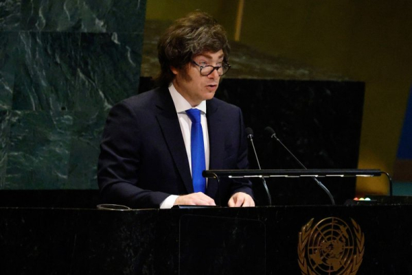 Argentinian President Javier Milei (pictured on the second day of the 80th session of the General Debate in the U.N. General Assembly Hall at the United Nations headquarters on Wednesday in New York City) met with U.S. President Donald Trump at the assembly session Tuesday and secured U.S. financial backing. Photo by Peter Foley/UPI
