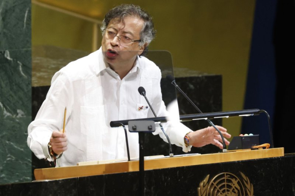 Colombian President Gustavo Petro Urrego speaks at the U.N. General Assembly in September in New York City. Petro recalled the country's ambassador from the United States on Monday. File Photo by John Angelillo/UPI