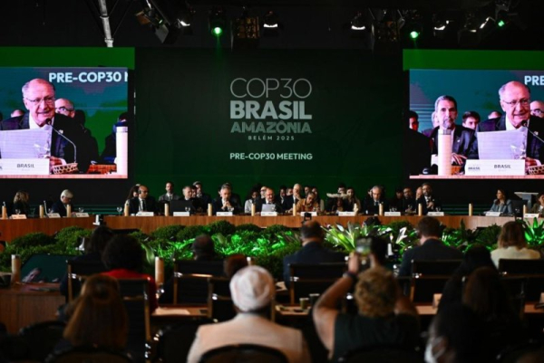 Brazilian Vice President Geraldo Alckmin (C) speaks during the opening session of the Pre-COP30 meeting at the International Convention Center in Brasilia, Brazil, on October 13. Photo by Andre Borges/EPA