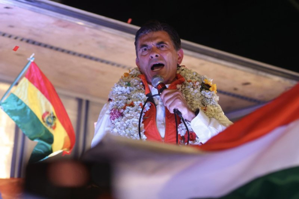 Centrist Senator Rodrigo Paz Pereira delivers a speech in La Paz, Bolivia, on Sunday. Paz expressed his gratitude for the support he received in winning Bolivia's unprecedented presidential runoff election and promised to 