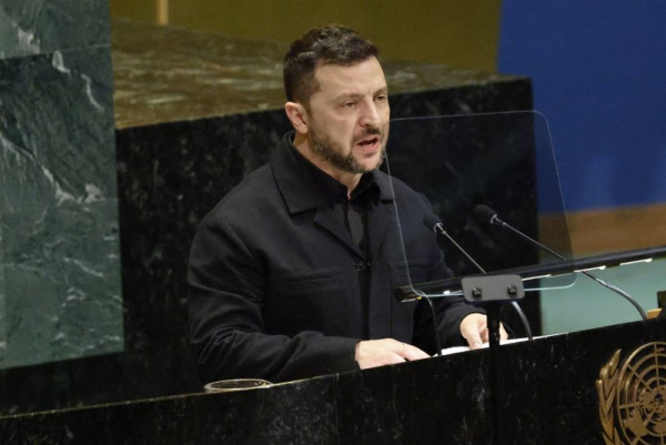 President of Ukraine Volodymyr Zelensky speaks on the second day of the 80th session of the General Debate in the UN General Assembly Hall at the United Nations Headquarters on Wednesday, September 24. He said that five people were killed overnight following Russia's attack on various regions. File Photo by Peter Foley/UPI..