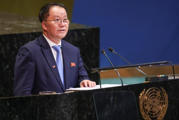 North Korean Vice Minister for Foreign Affairs Kim Son Gyong spoke during the General Debate of the 80th session of the United Nations General Assembly at United Nations headquarters on Monday. Photo by Sarah Yenesel/EPA