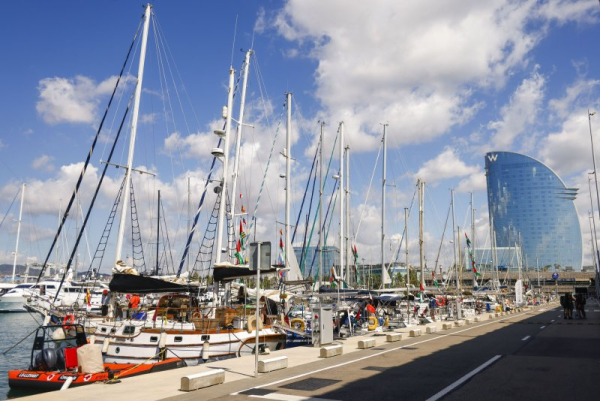 Some of the ships hoisting the Palestinian flag dock in the port in Barcelona, Spain, on September 1. The flotilla said the Israeli military attempted to intimidate the boats by aggressively circling them Wednesday. File Photo by Quique Garcia/EPA