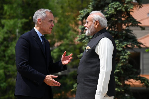 Prime Minister of Canada Mark Carney greets Prime Minister of India Narendra Modi during the G7 Leaders' Summit in Kananaskis, Alberta, Canada, in June. The foreign ministers of the two countries are meeting this week in New Delhi and working on repairing relations between them. File Photo by Lukas Coch/EPA