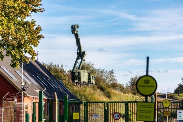 A mobile radar installation to detect drones stands at a Danish military site near the village of Dragoer, Denmark, on Friday. Photo by Steven Knap/EPA