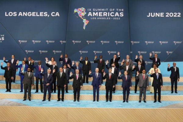 U.S. President Joe Biden (C), and other world leaders of the Americas take a 