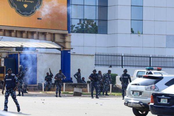 Police operate in central Abuja, Nigeria, on Monday to prevent a march for the release of Nnamdi Kanu, a British political activist and founder and leader of the Indigenous People of Biafra. Photo by Emmanuel Adegboye/EPA