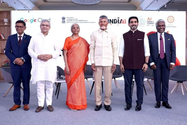 Google announced it will invest $15 billion to build a new AI hub in Visakhapatnam, Andhra Pradesh, in southeastern India. Pictured from left are: Bikash Koley, vice president of Global Infrastructure and Capacity at Google Cloud; Ashwini Vaishnaw, IT minister; Nirmala Sitharaman, India minister of Finance and Corporate Affairs; Nara Chandrababu Naidu, chief minister of Andhra Pradesh; Nara Lokesh, minister for Information Technology for Andhra Pradesh; and Thomas Kurian, CEO of Google Cloud. Photo courtesy of Google.