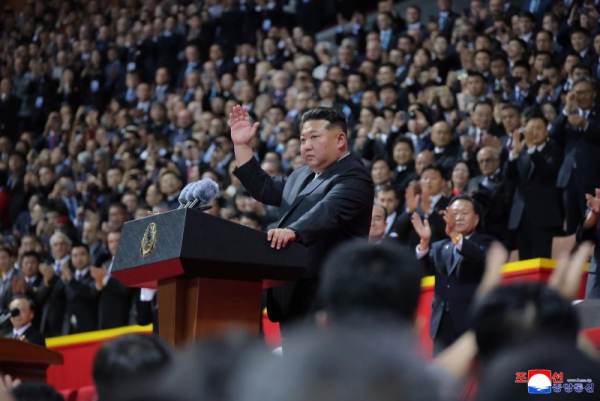 North Korean leader Kim Jong Un (C) presided over an event marking the 80th anniversary of the Workers’ Party of Korea at the May Day Stadium in Pyongyang, state-run media reported Friday. Photo by KCNA/EPA