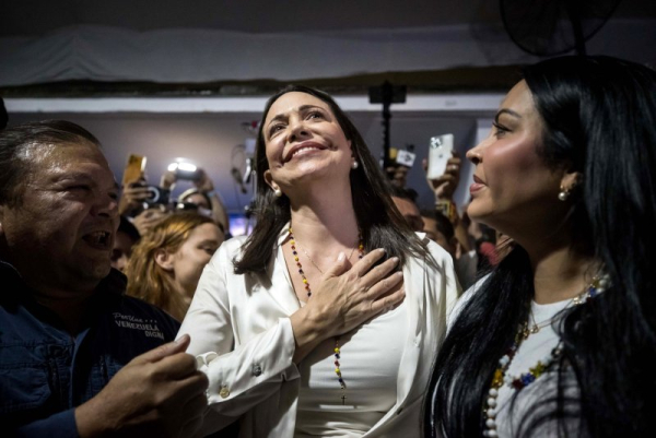 María Corina Machado reacts after winning the primary election in Caracas, Venezuela, on October 23, 2023. On Friday, she won the Nobel Peace Prize for promoting democracy in Venezuela. File Photo by Miguel Gutierrez/EPA-EFE