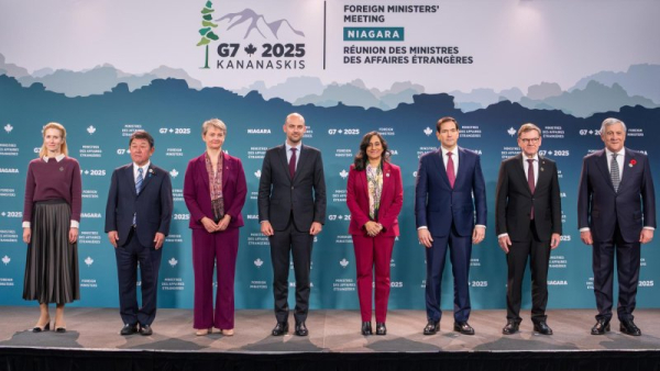 Diplomats at the G7 Foreign Ministers' meeting pose for a photo in Niagara-on-the-Lake, Ontario, Canada, on Wednesday. The ministers issued a joint communique reaffirming their commitment to the “complete denuclearization” of North Korea. Photo courtesy of Canadian Government Press Office/EPA