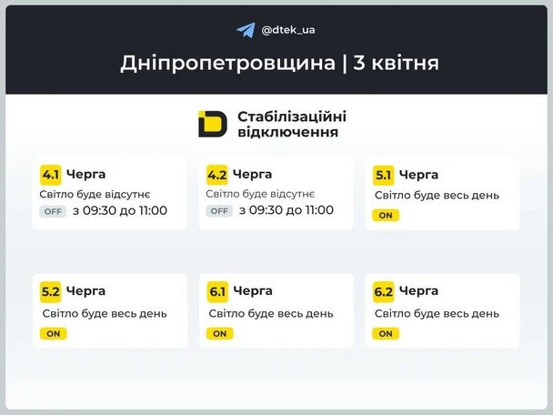 Графік відключення світла на Дніпропетровщині 3 квітня / © ДТЕК