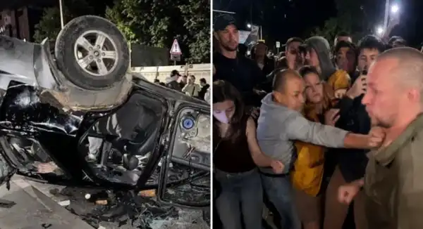 Головна 45 Автомобіль перекинуто, поліцейського побито: нападника виявили серед натовпу…