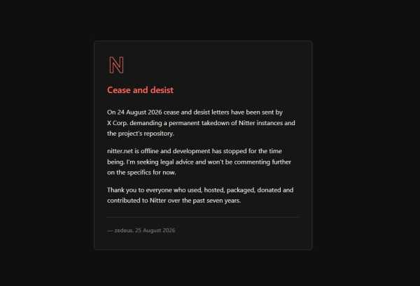 X змусив припинити діяльність проєкт з відкритим кодом Nitter, який надавав можливість переглядати публікації без облікового запису та реклами. 4 X змусив припинити діяльність проєкт з відкритим кодом Nitter, який надавав можливість переглядати публікації без облікового запису та реклами. 4